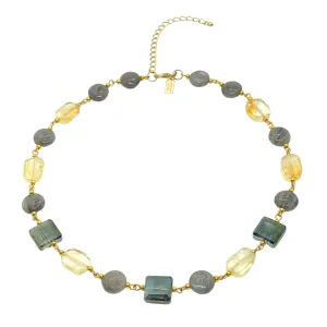 Olive Square Crystal, Labradorite, And Citrine Link Necklace