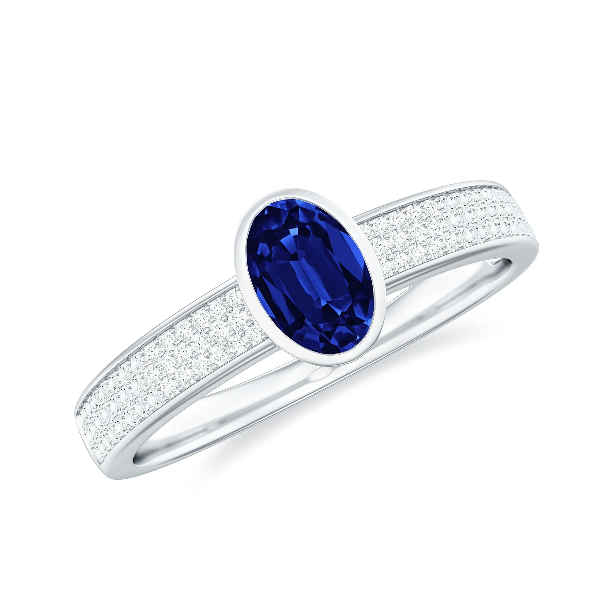 Oval Created Blue Sapphire Solitaire Engagement Ring with Diamond Side Stones