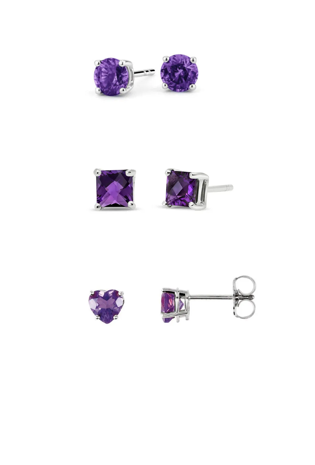 Paris Jewelry 18k White Gold 4Cttw Created Amethyst 3 Pair Round, Square And Heart Stud Earrings Plated