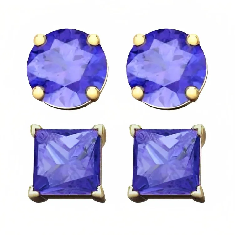 Paris Jewelry 18k Yellow Gold 2 Pair Created Tanzanite 4mm Round & Princess Cut Stud Earrings Plated