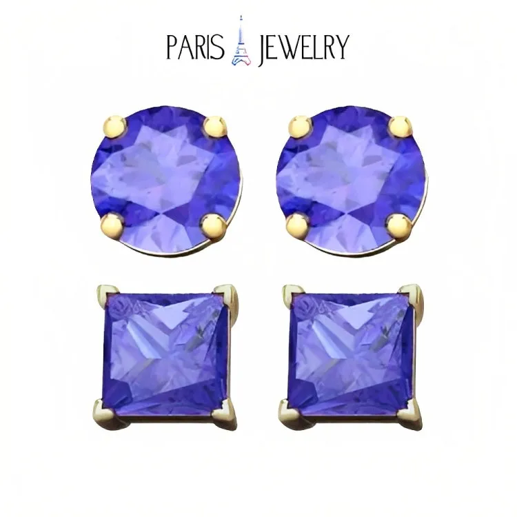 Paris Jewelry 18k Yellow Gold 2 Pair Created Tanzanite 4mm Round & Princess Cut Stud Earrings Plated