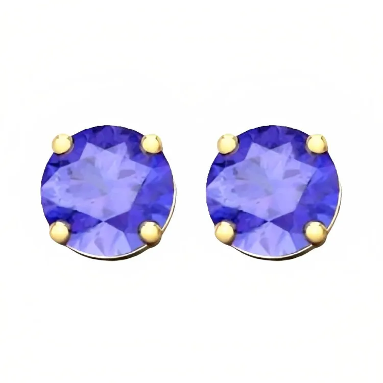 Paris Jewelry 18k Yellow Gold 2 Pair Created Tanzanite 4mm Round & Princess Cut Stud Earrings Plated