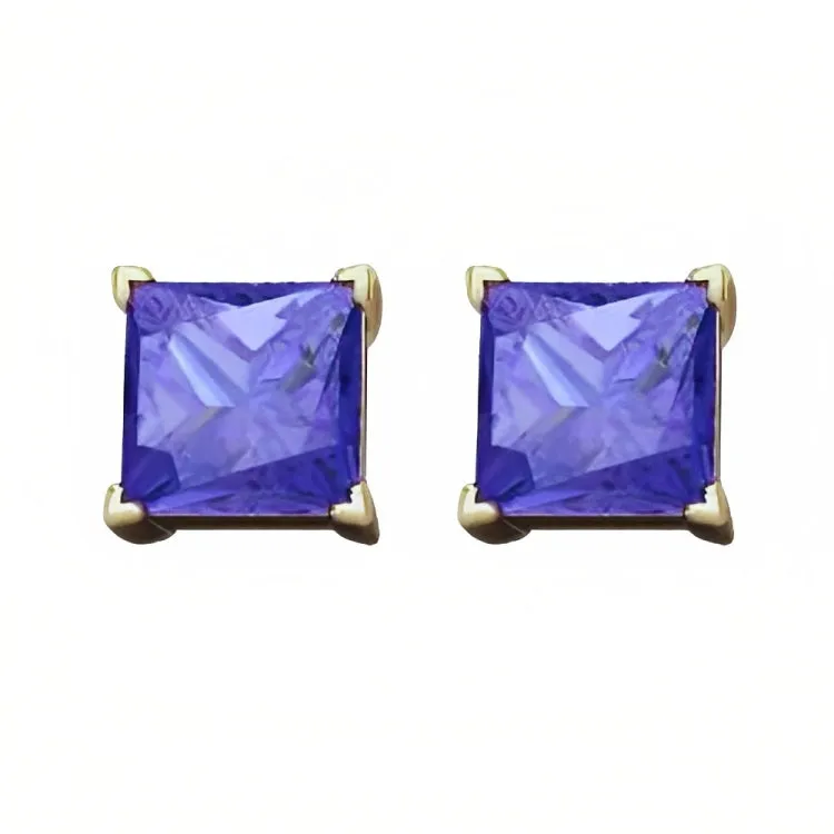 Paris Jewelry 18k Yellow Gold 2 Pair Created Tanzanite 4mm Round & Princess Cut Stud Earrings Plated