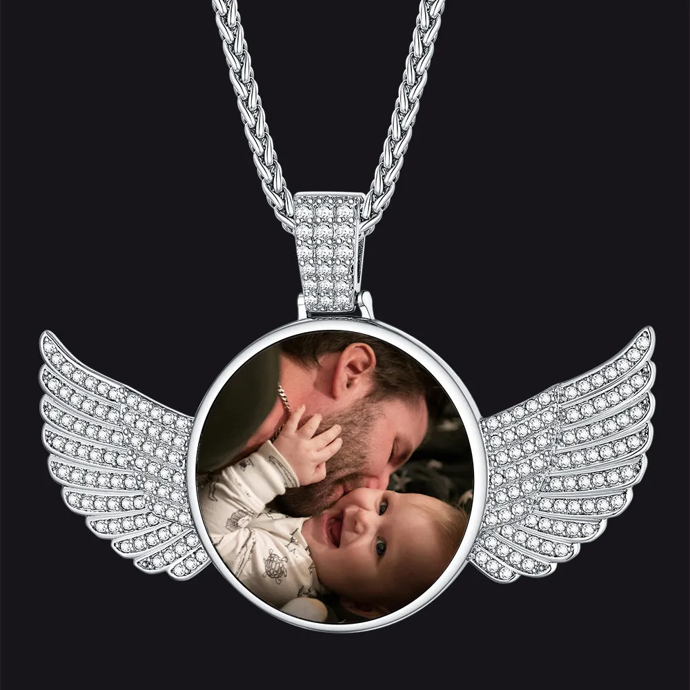 Personalized Angel Wing Picture Necklace with Cubic Zirconia Memorial Gift