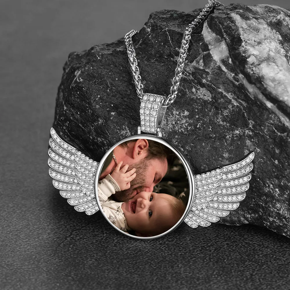 Personalized Angel Wing Picture Necklace with Cubic Zirconia Memorial Gift