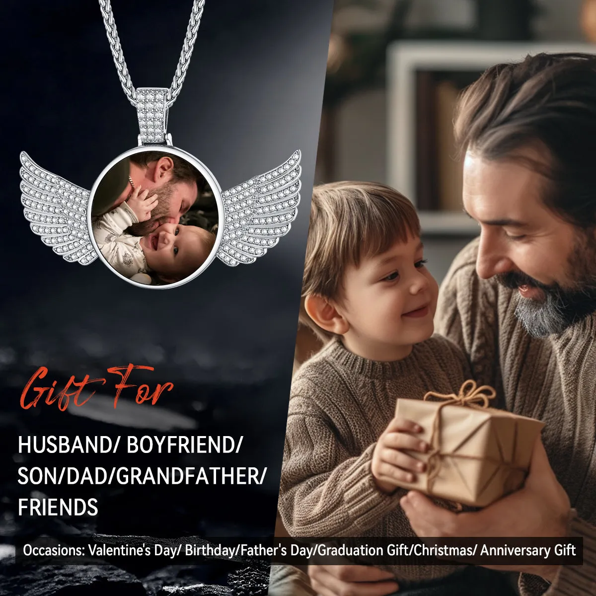 Personalized Angel Wing Picture Necklace with Cubic Zirconia Memorial Gift