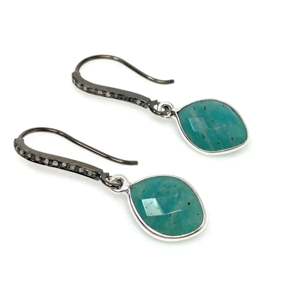 Peruvian Amazonite  Earrings, Pave Diamond Earrings, Sterling Silver