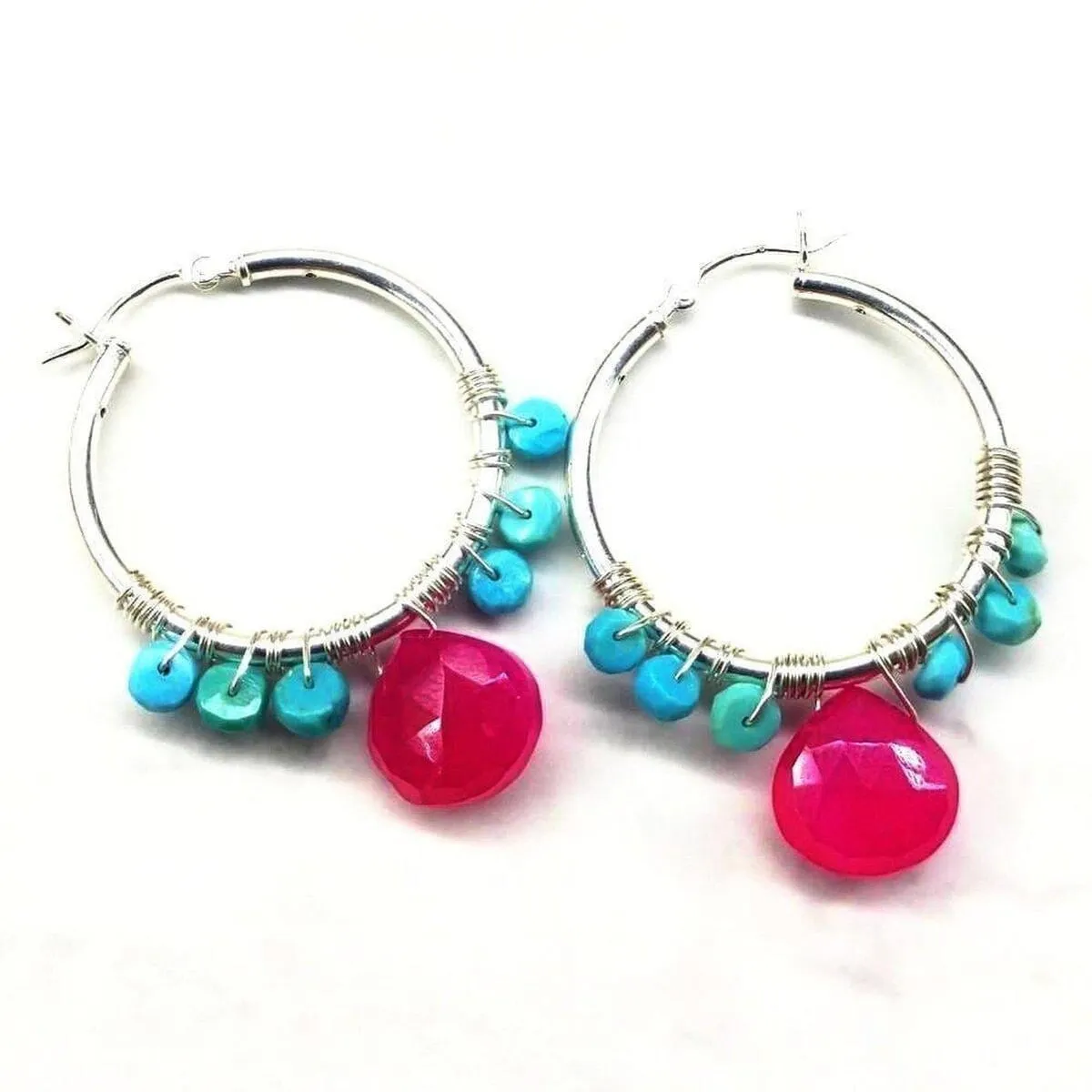 Pink and Sleeping Beauty Turquoise Silver Wire Wrap Hoop Earrings