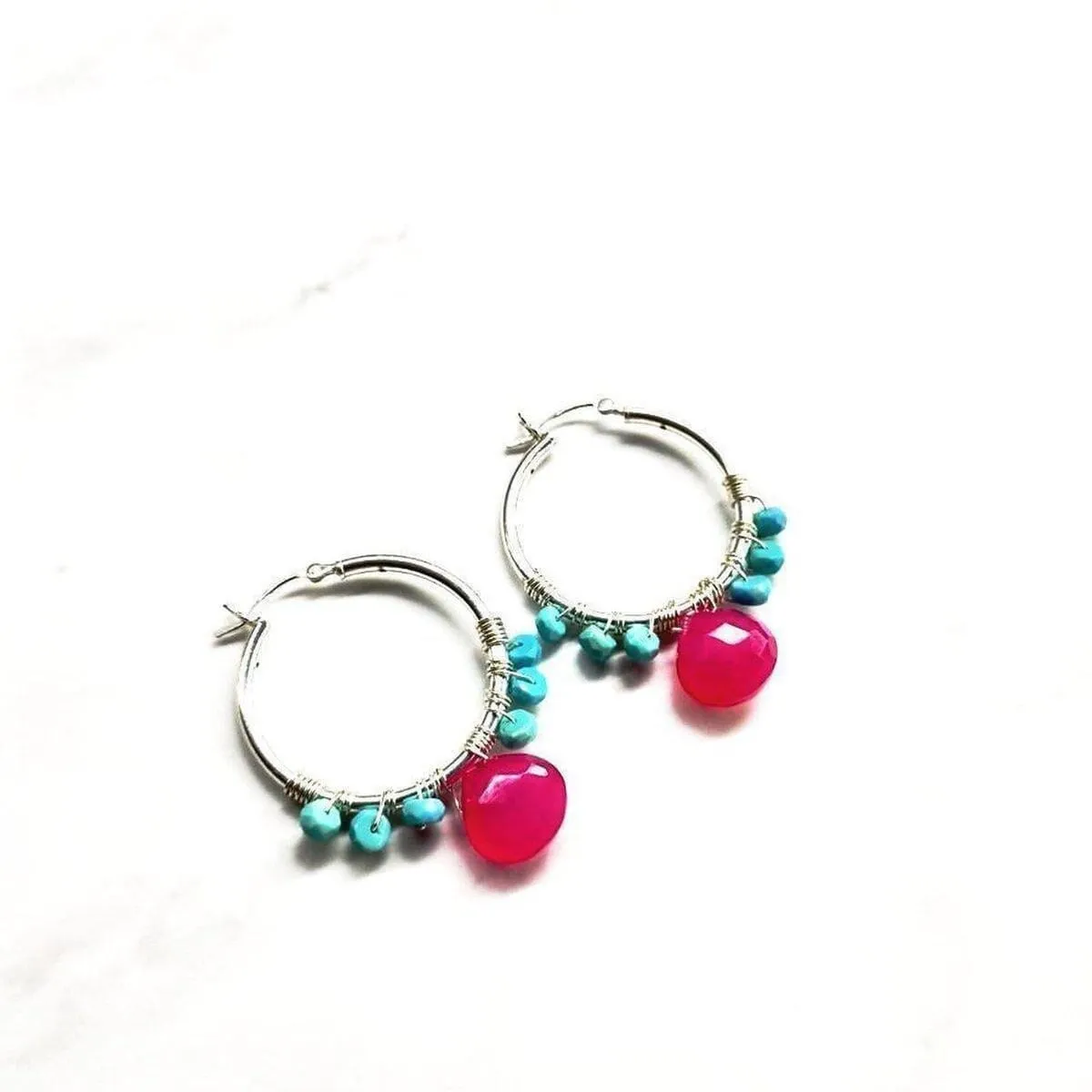 Pink and Sleeping Beauty Turquoise Silver Wire Wrap Hoop Earrings