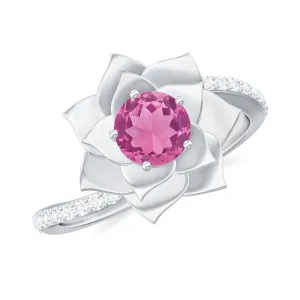 Pink Tourmaline and Diamond Flower Engagement Ring with Bypass Shank