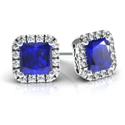 Princess Halo Studs with Blue Sapphires