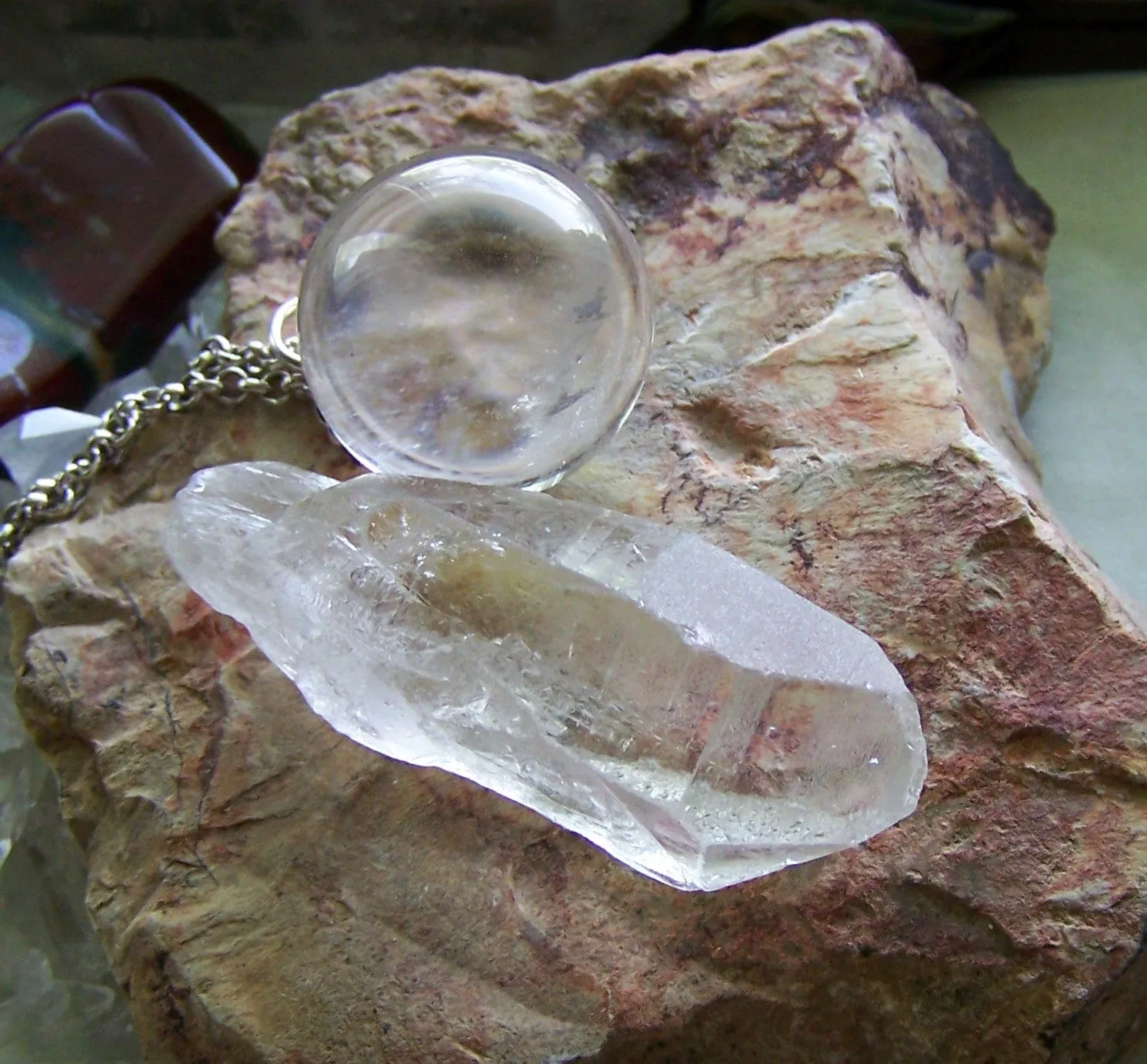 Quartz Crystal Ball Pendant Necklace   Quartz Point - Crystal Web Combo