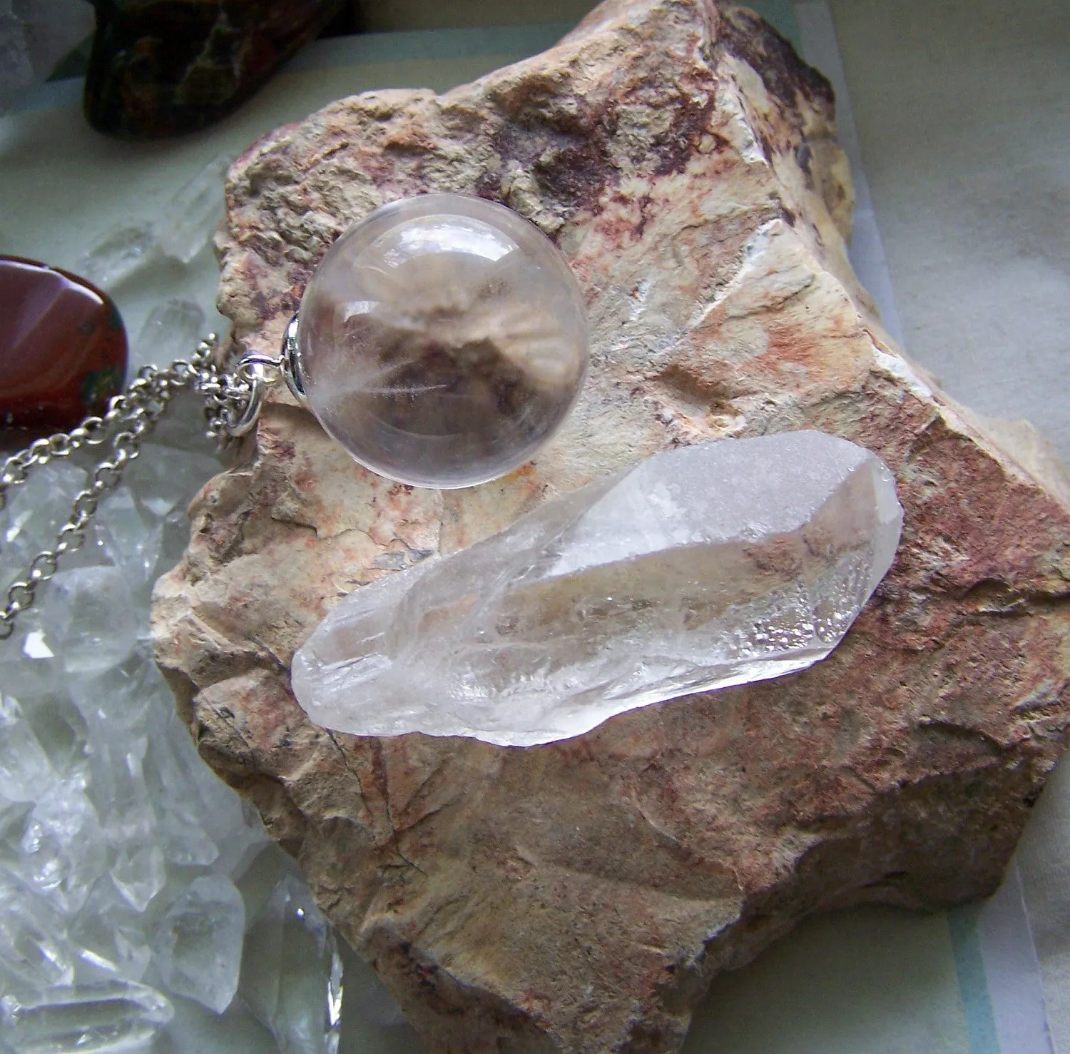 Quartz Crystal Ball Pendant Necklace   Quartz Point - Crystal Web Combo