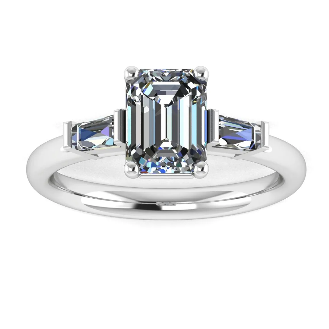 "Elise" Three Stone Emerald Cut Diamond with Tapered Baguette Sides Trilogy Engagement Ring 3SEC50