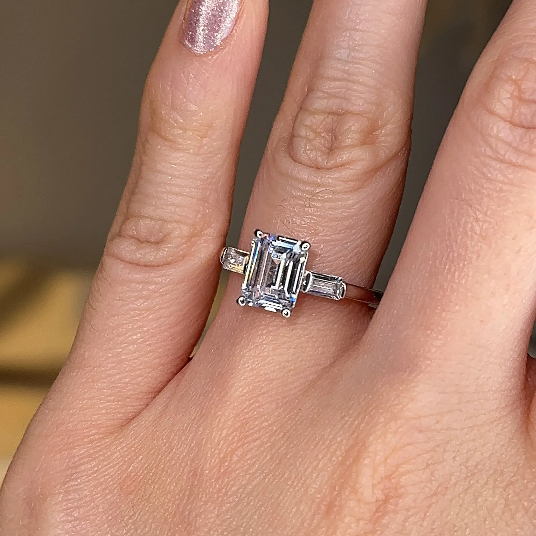 "Elise" Three Stone Emerald Cut Diamond with Tapered Baguette Sides Trilogy Engagement Ring 3SEC50