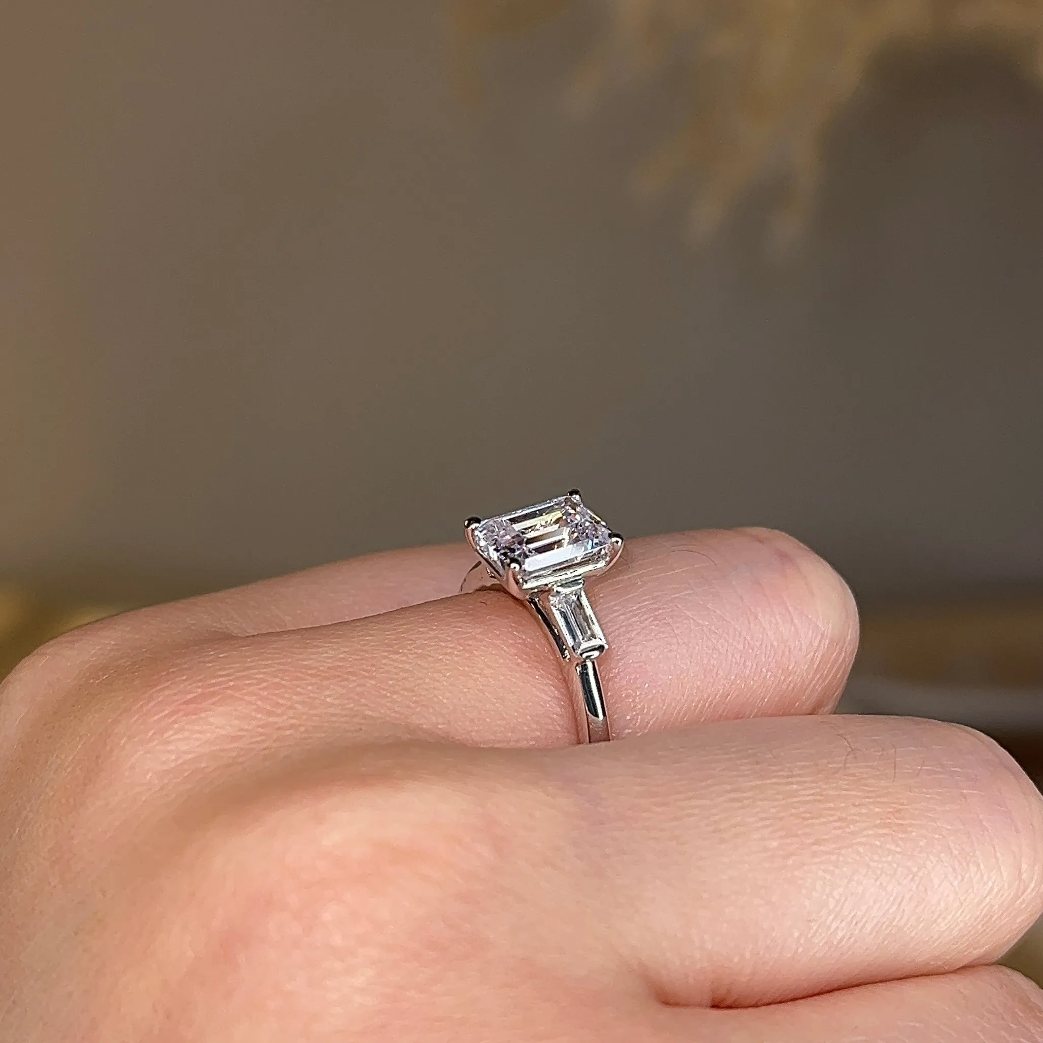 "Elise" Three Stone Emerald Cut Diamond with Tapered Baguette Sides Trilogy Engagement Ring 3SEC50