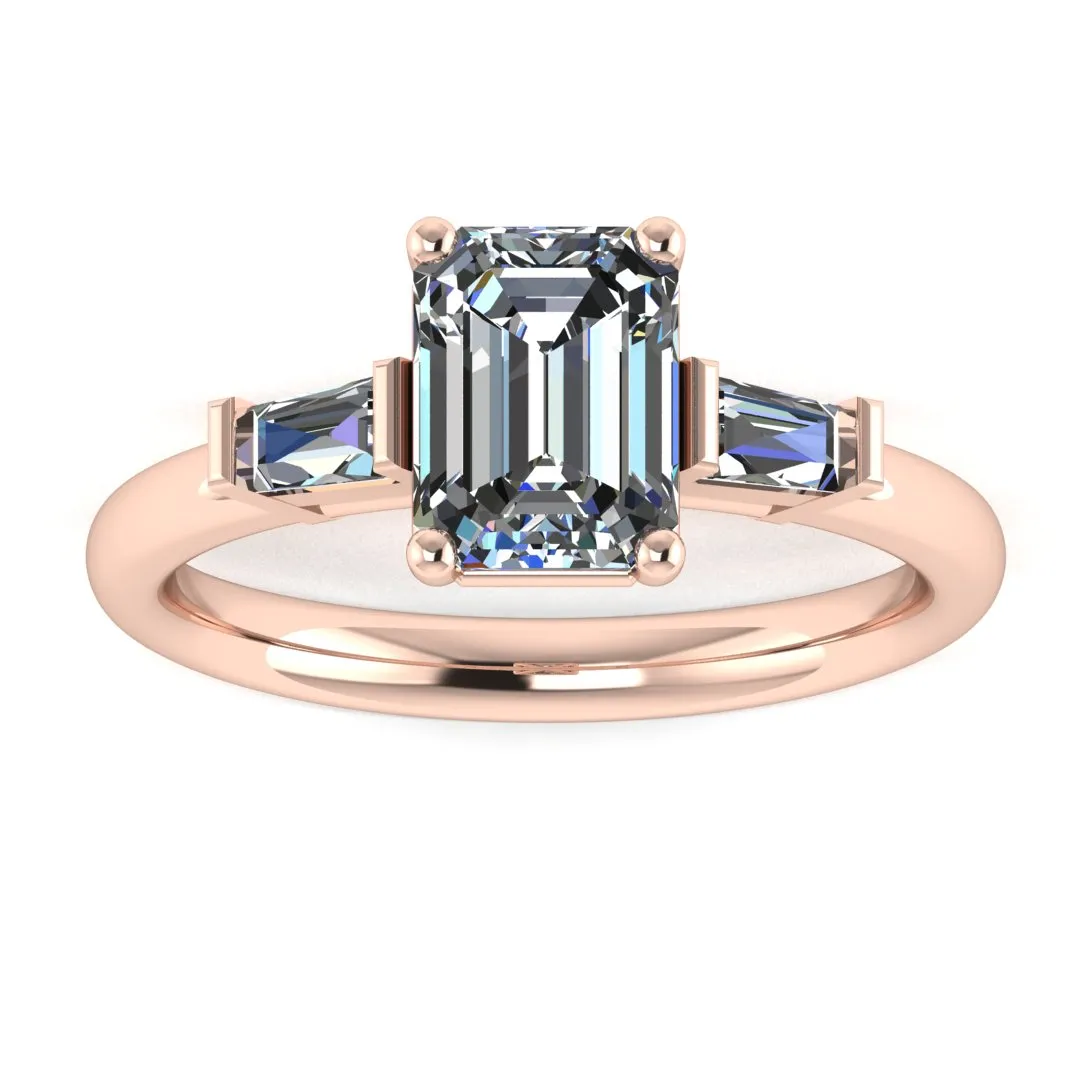 "Elise" Three Stone Emerald Cut Diamond with Tapered Baguette Sides Trilogy Engagement Ring 3SEC50