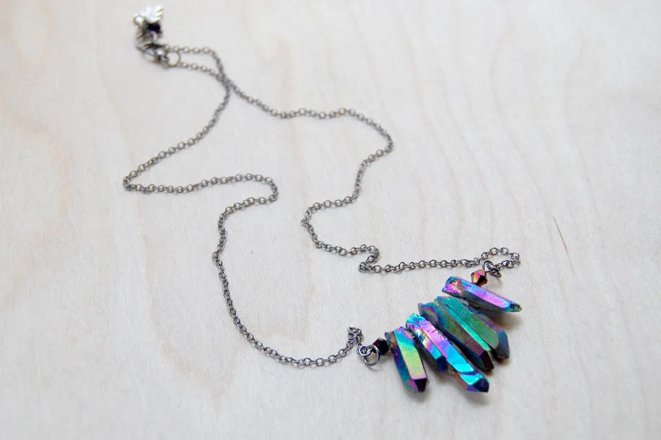 Rainbow Aura Crystal Point Bib Necklace | Titanium Crystal Necklace | Crystal Point Jewelry