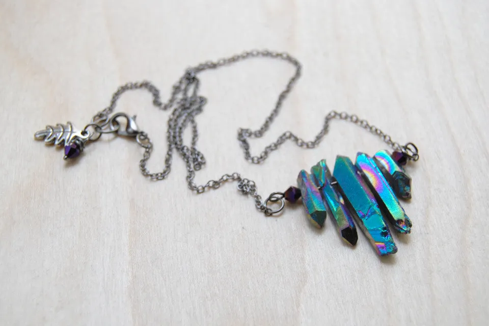 Rainbow Aura Crystal Point Bib Necklace | Titanium Crystal Necklace | Crystal Point Jewelry