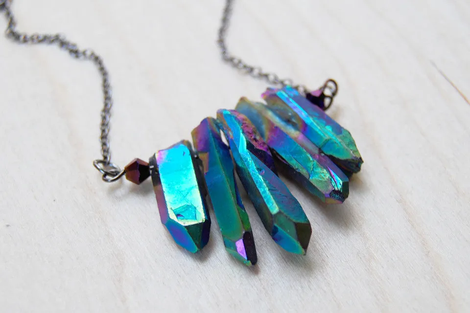 Rainbow Aura Crystal Point Bib Necklace | Titanium Crystal Necklace | Crystal Point Jewelry