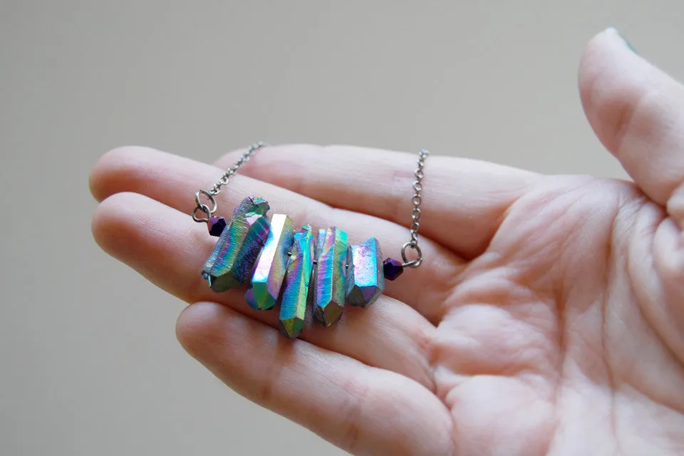 Rainbow Aura Crystal Point Bib Necklace | Titanium Crystal Necklace | Crystal Point Jewelry