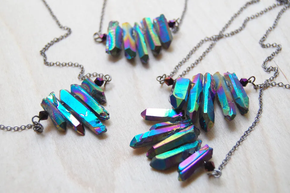 Rainbow Aura Crystal Point Bib Necklace | Titanium Crystal Necklace | Crystal Point Jewelry