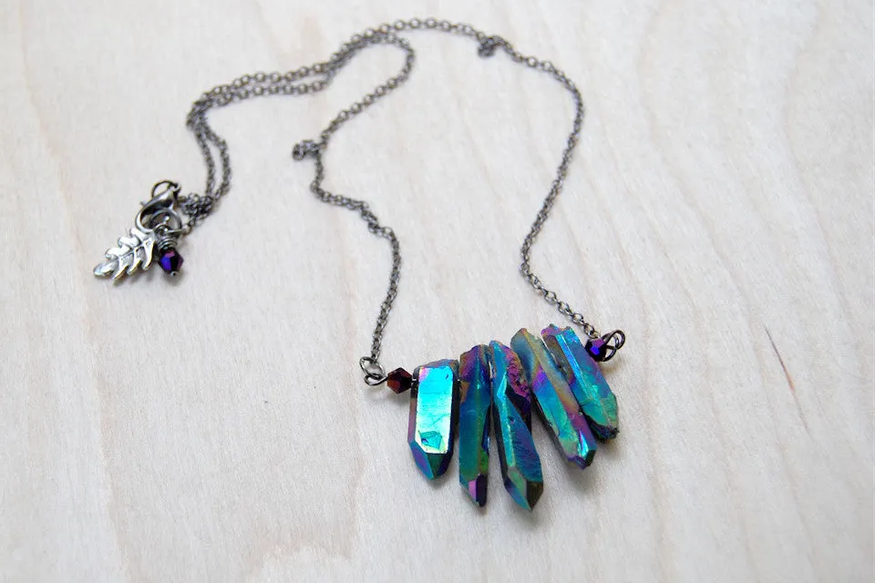 Rainbow Aura Crystal Point Bib Necklace | Titanium Crystal Necklace | Crystal Point Jewelry