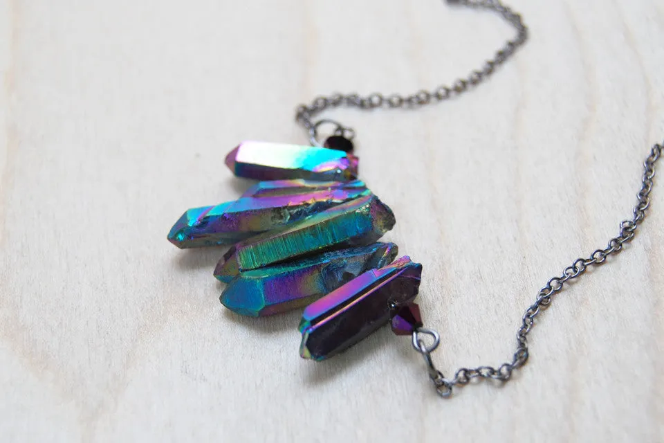 Rainbow Aura Crystal Point Bib Necklace | Titanium Crystal Necklace | Crystal Point Jewelry