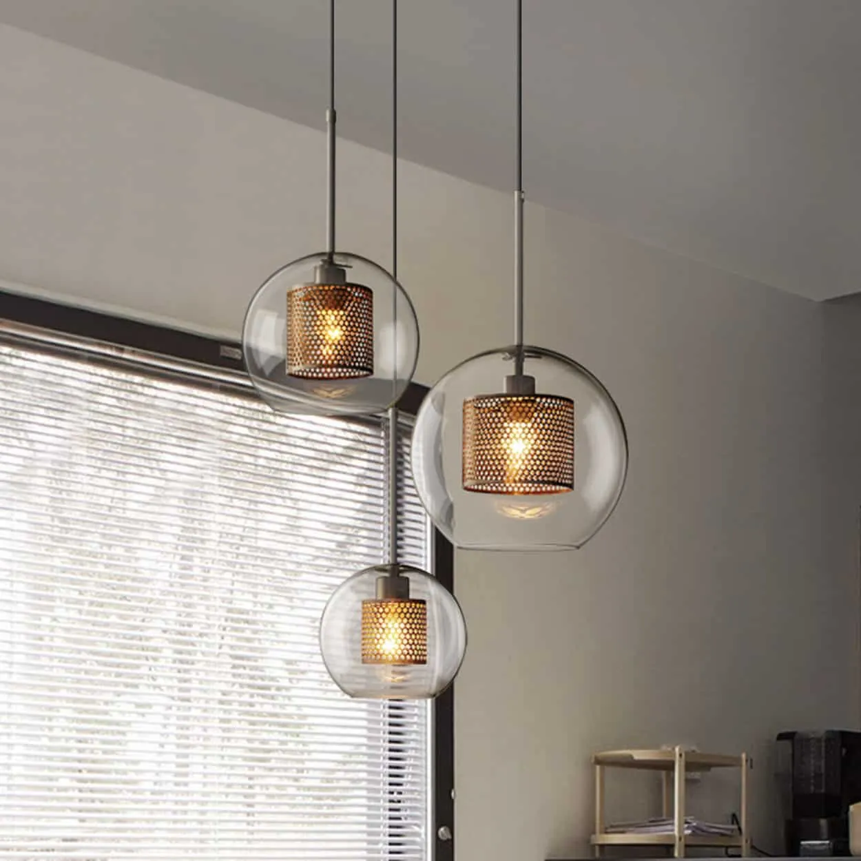 Ramoona Clear Glass Metal Grill Pendant Lamp