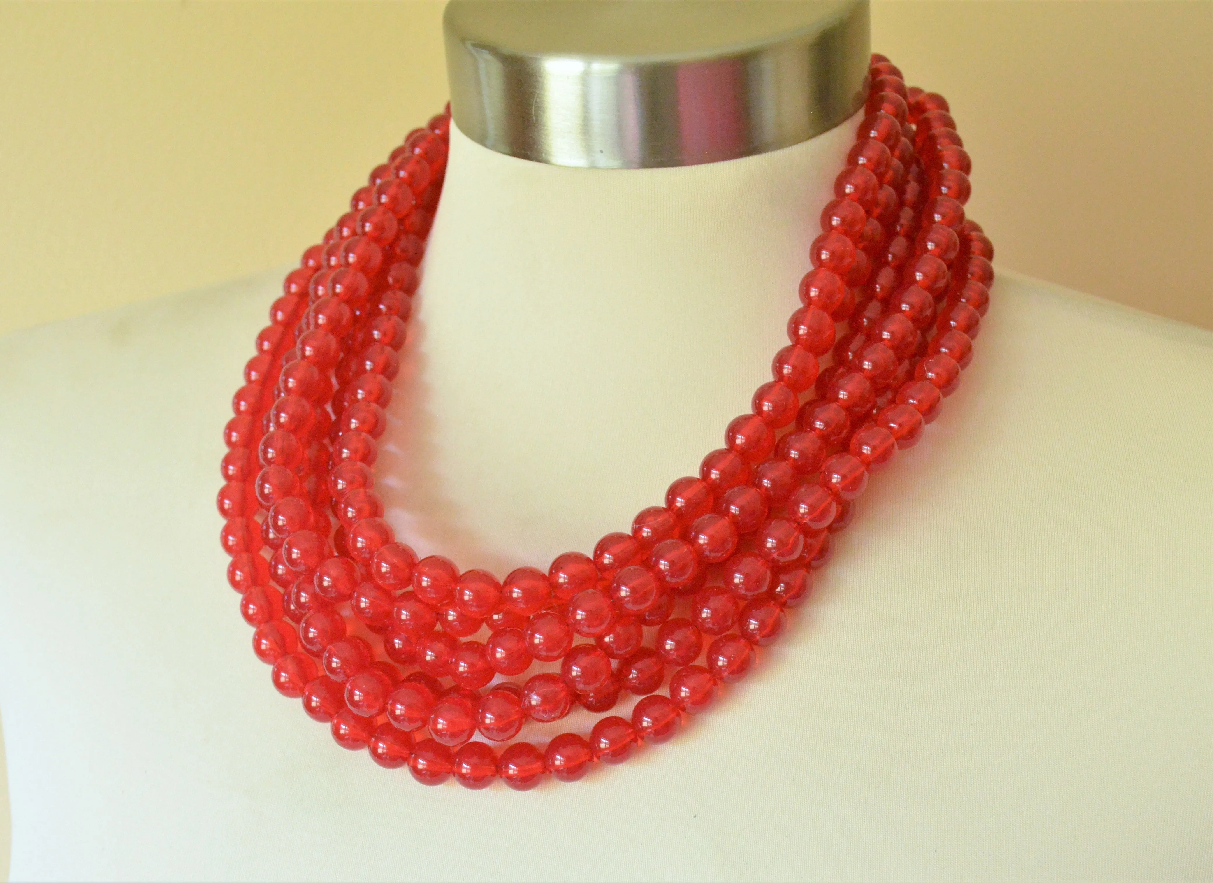 Red Beaded Acrylic Lucite Chunky Multi Strand Statement Necklace - Alana