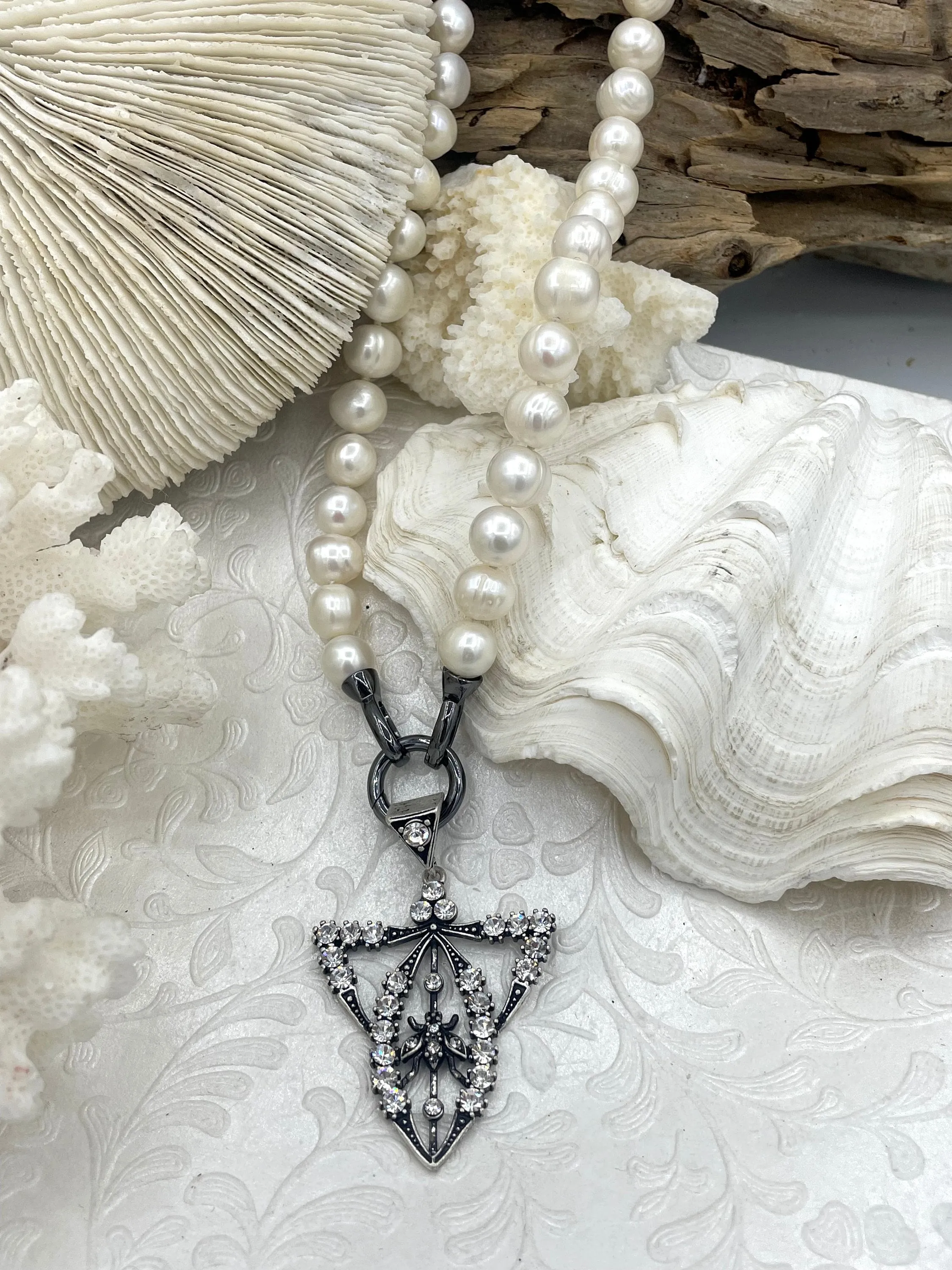 Reproduction Edwardian Paste Fly Pendant, Pearl and CZ Accents, 4 styles, 42mm x 34mm x 3mm, Fast Shipping