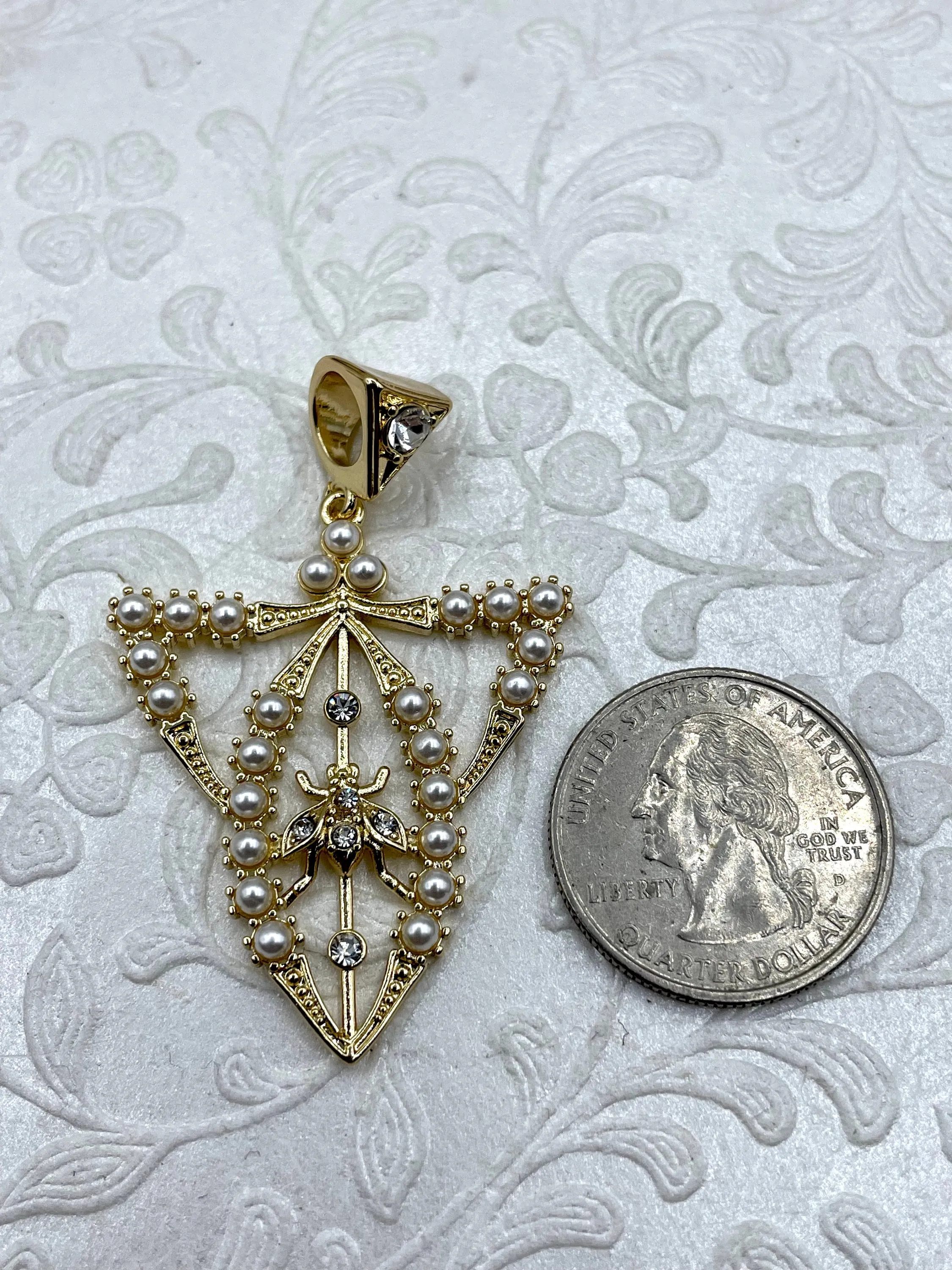 Reproduction Edwardian Paste Fly Pendant, Pearl and CZ Accents, 4 styles, 42mm x 34mm x 3mm, Fast Shipping