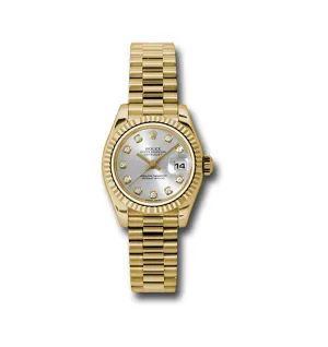 Rolex Yellow Gold Lady-Datejust 26 Watch - Fluted Bezel - Silver Diamond Dial - President Bracelet - 179178 sdp