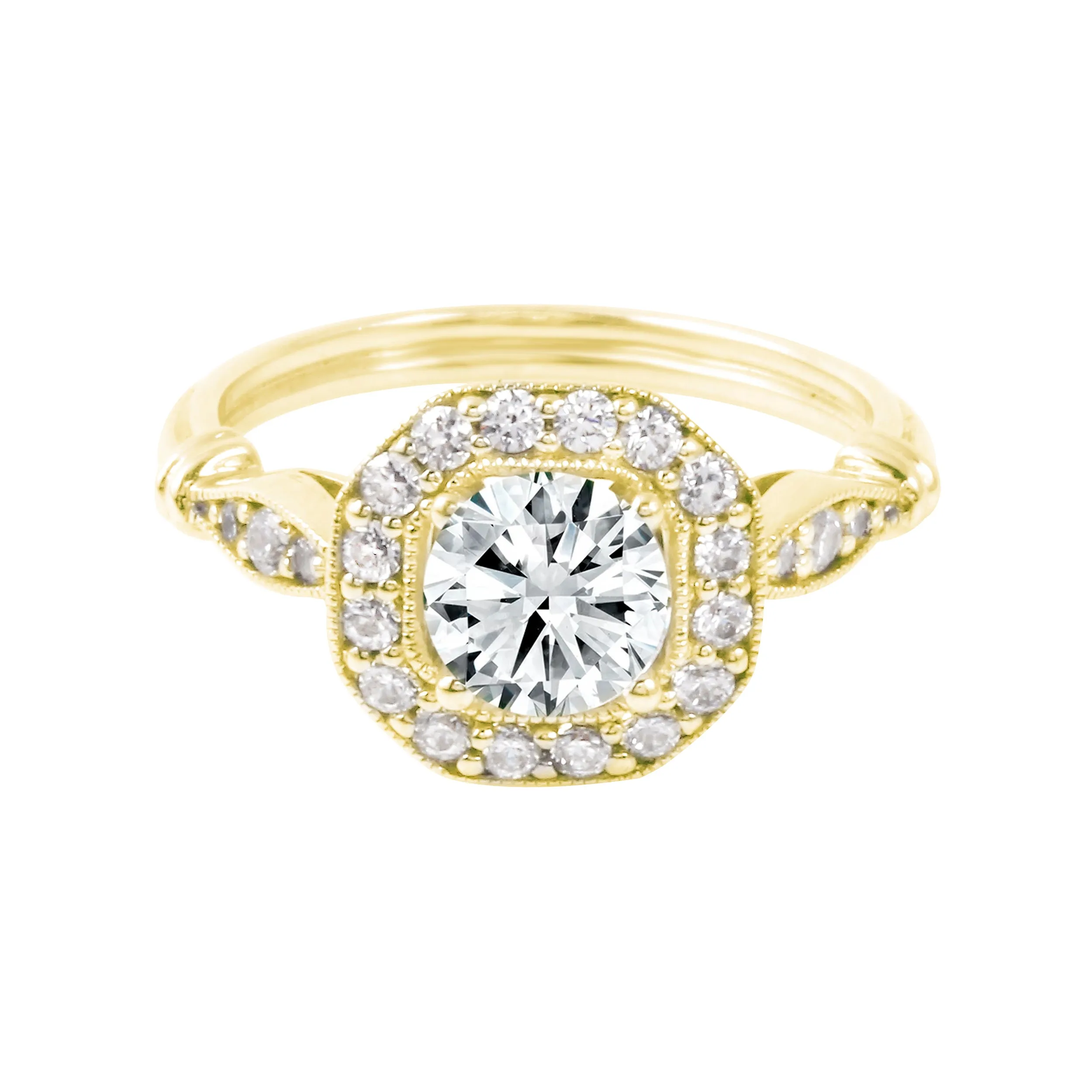 Round Diamond Squared Halo Vintage Inspired Engagement Ring