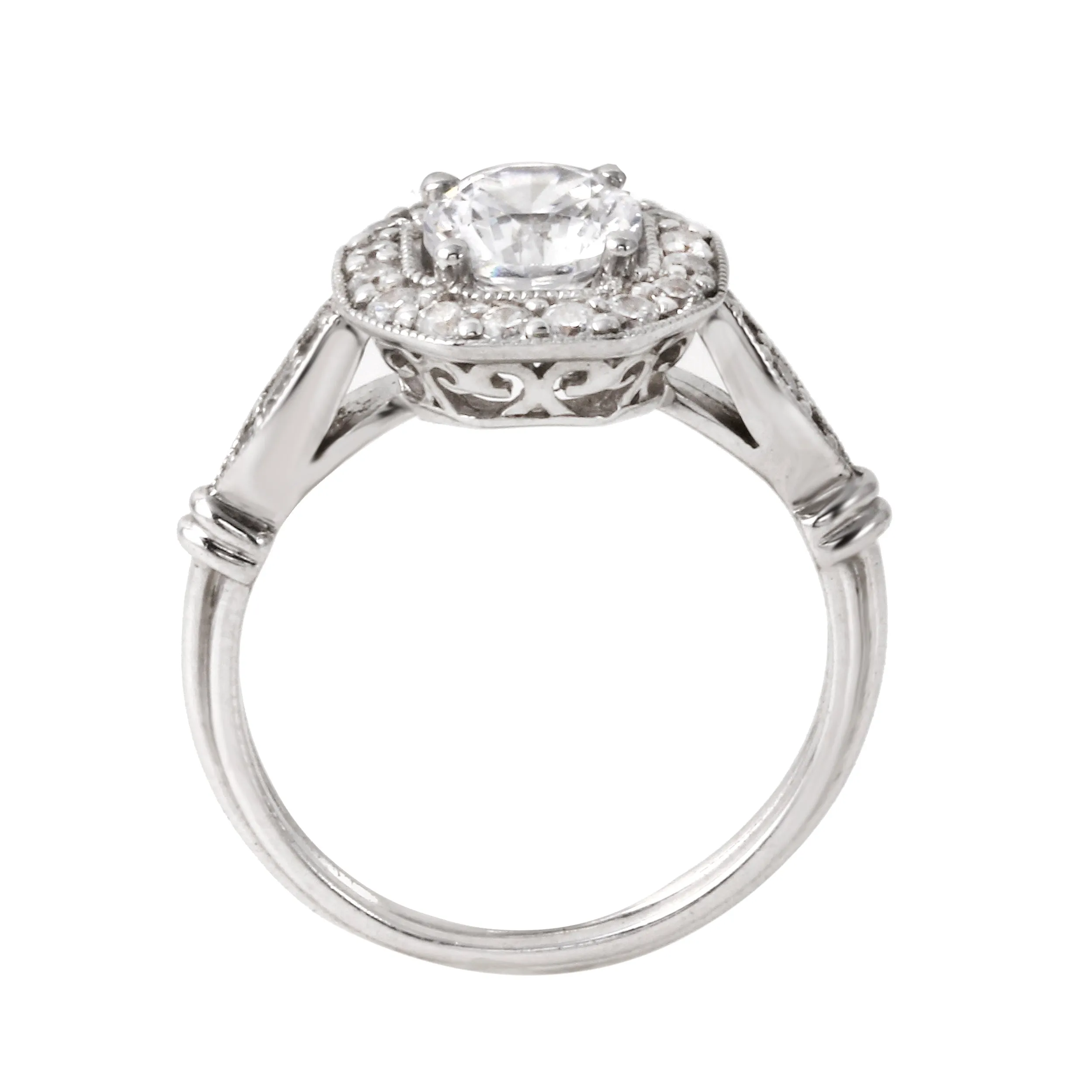 Round Diamond Squared Halo Vintage Inspired Engagement Ring