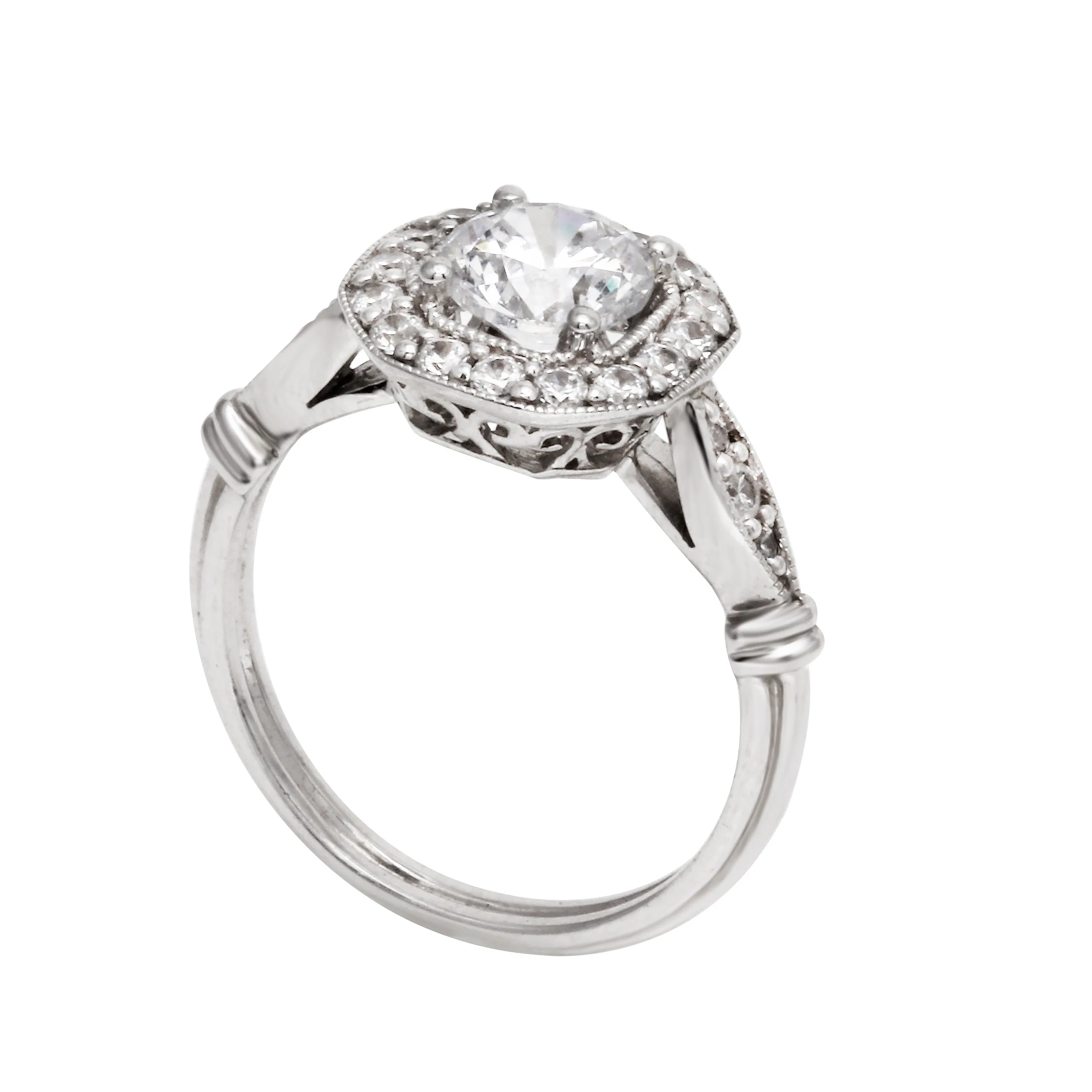 Round Diamond Squared Halo Vintage Inspired Engagement Ring