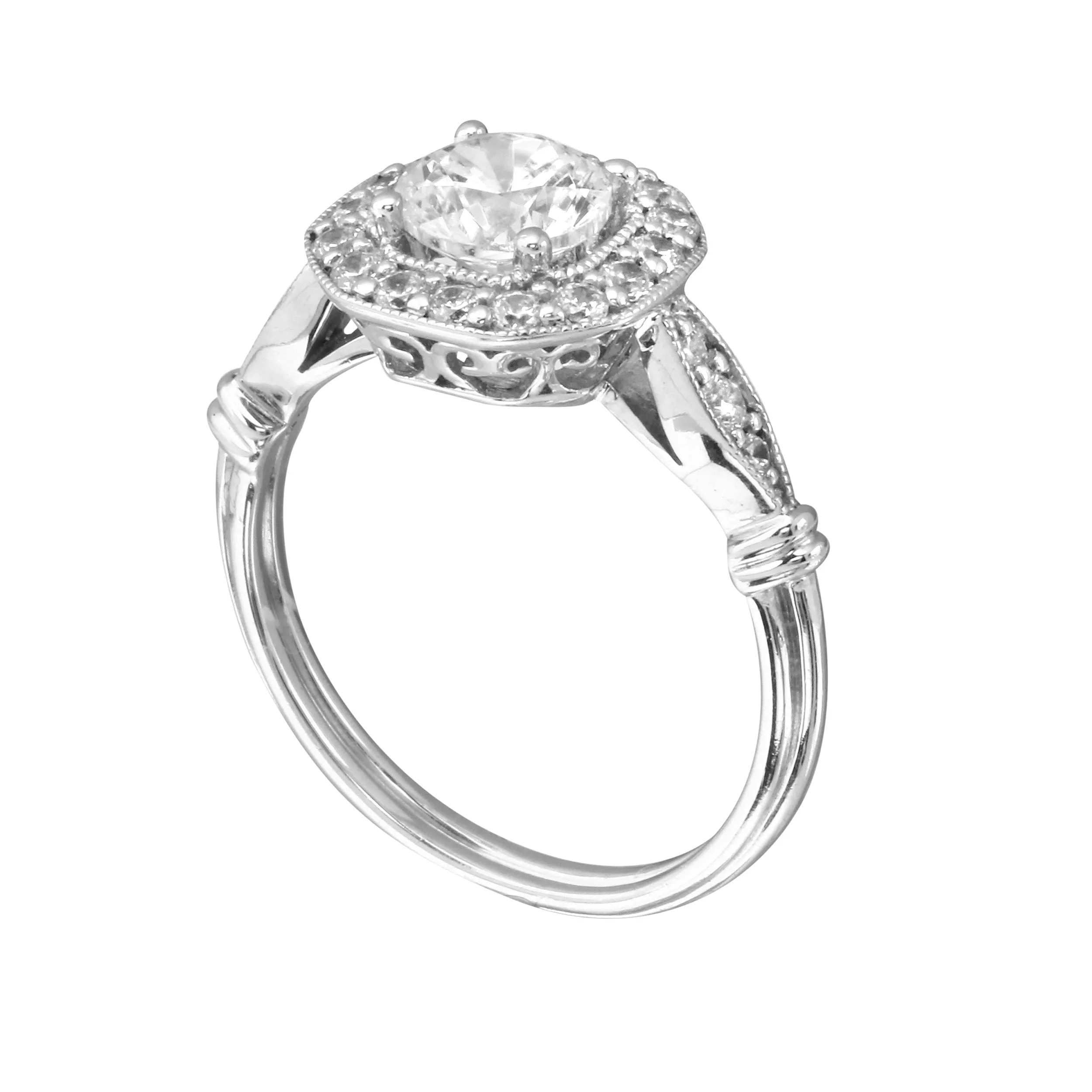 Round Diamond Squared Halo Vintage Inspired Engagement Ring