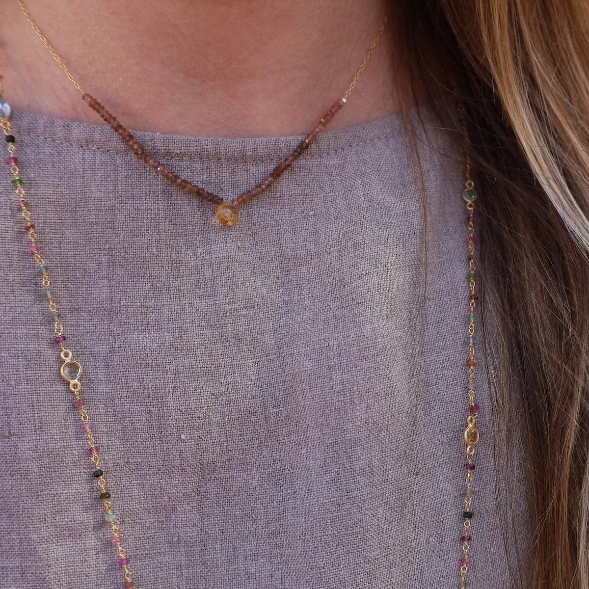 Rutilated Quartz Arc & Citrine Briolette Drop Necklace