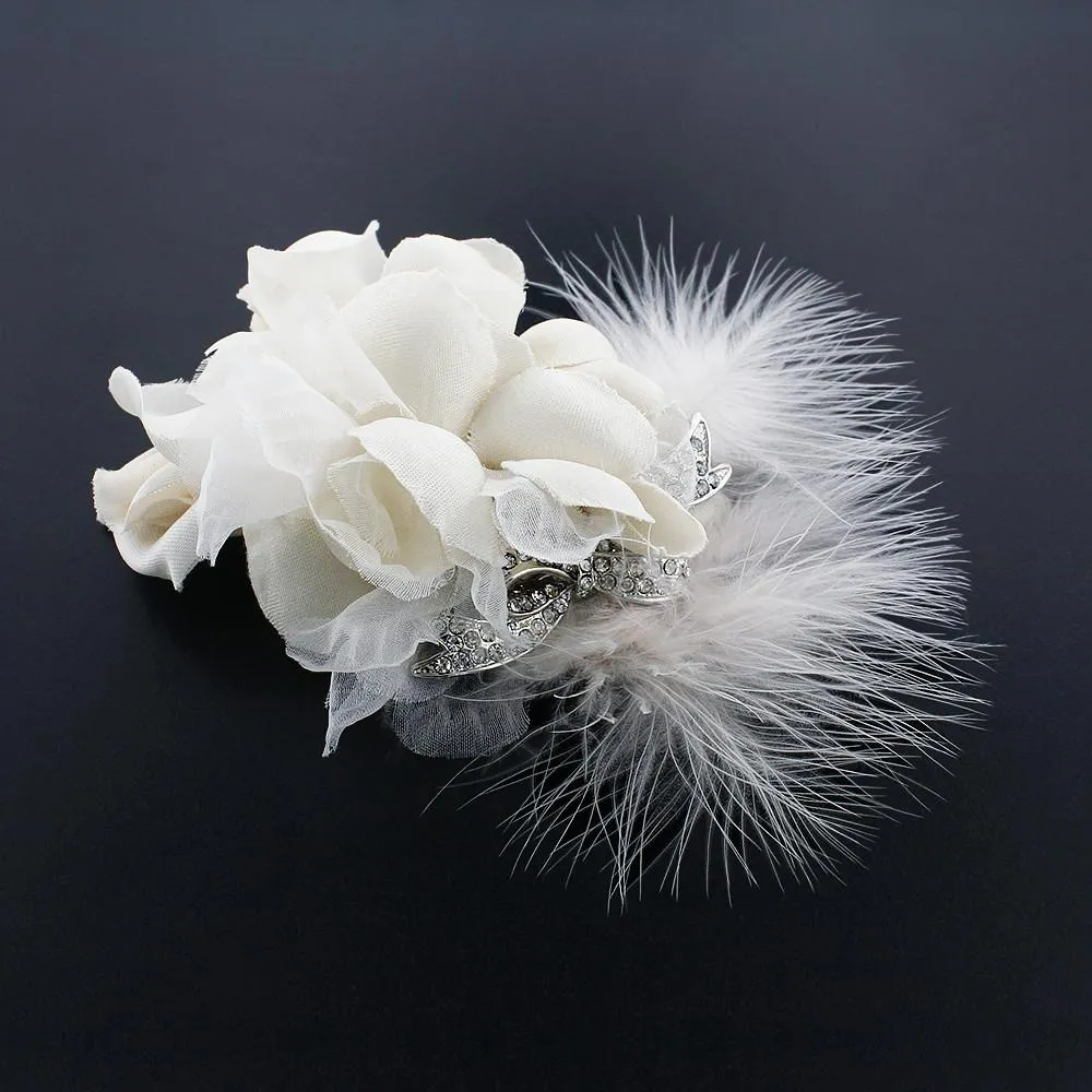 Silk Flower Hair Clip with Feather