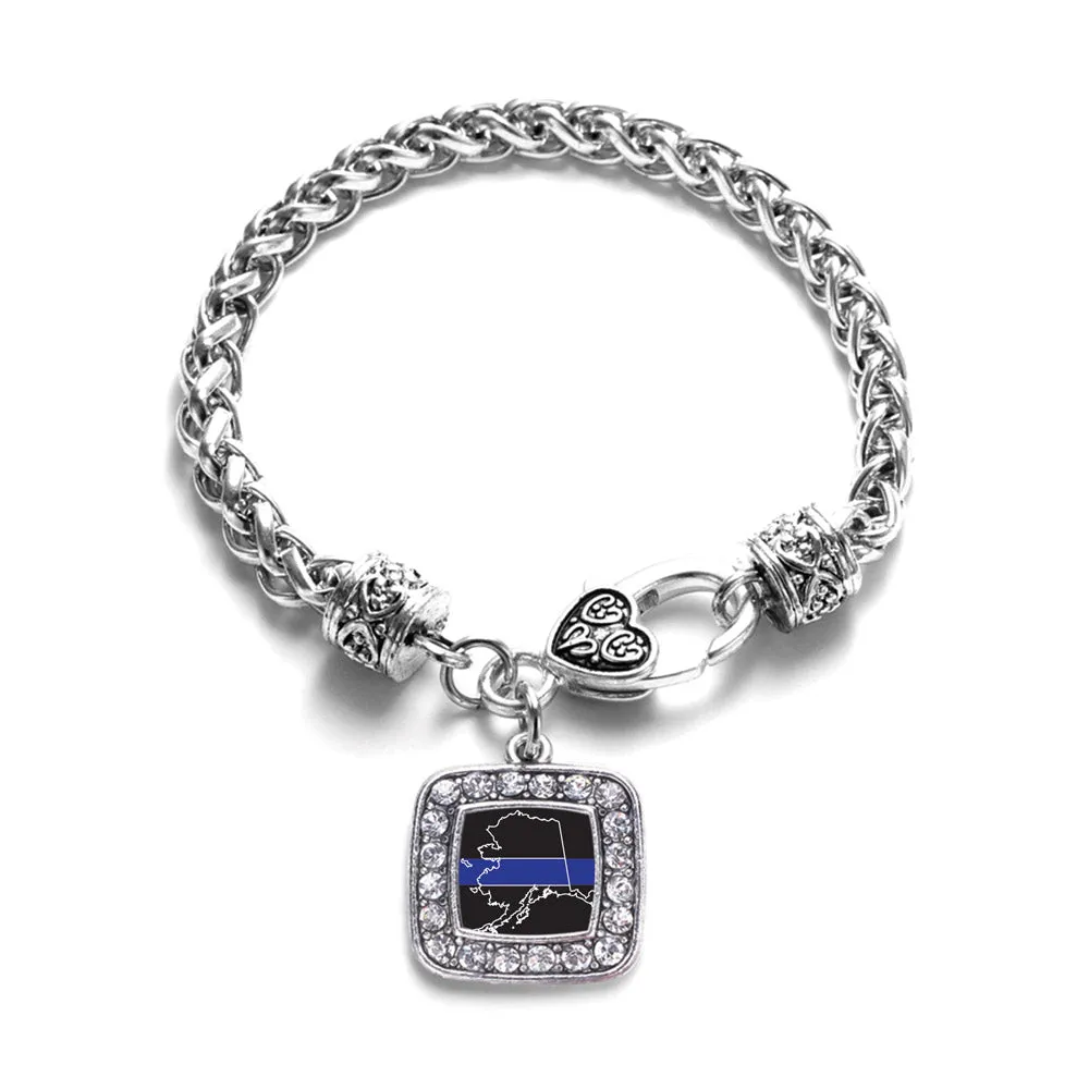 Silver Alaska Thin Blue Line Square Charm Braided Bracelet