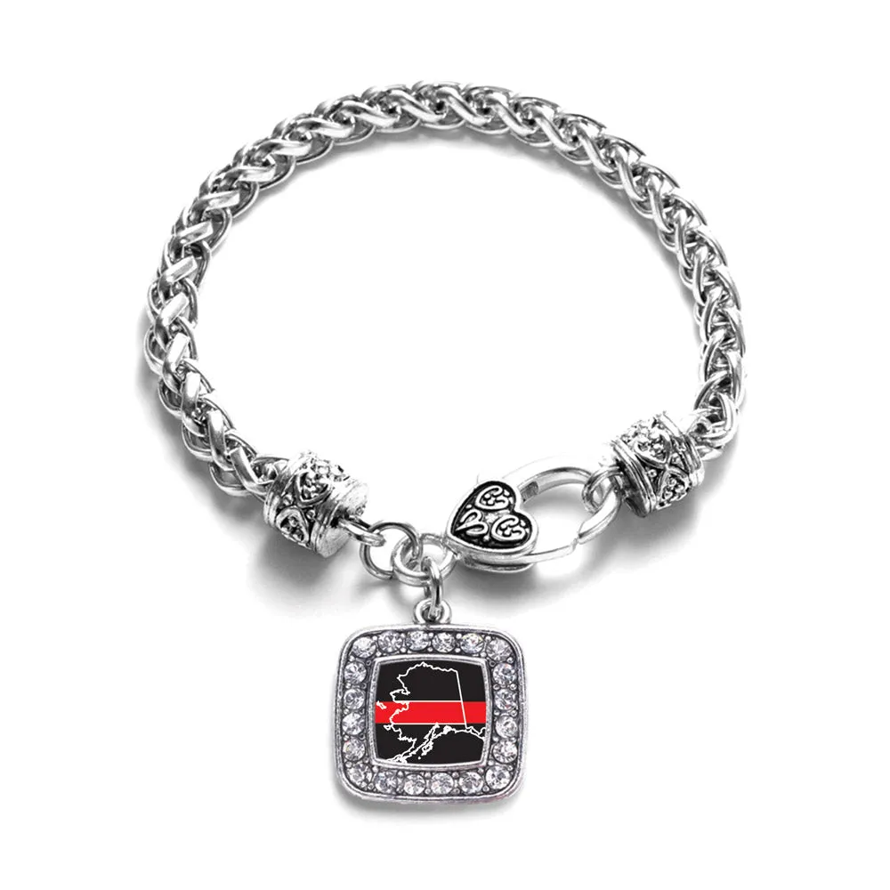 Silver Alaska Thin Red Line Square Charm Braided Bracelet