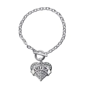 Silver America Pave Heart Charm Toggle Bracelet