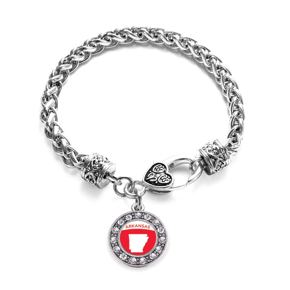 Silver Arkansas Outline Circle Charm Braided Bracelet