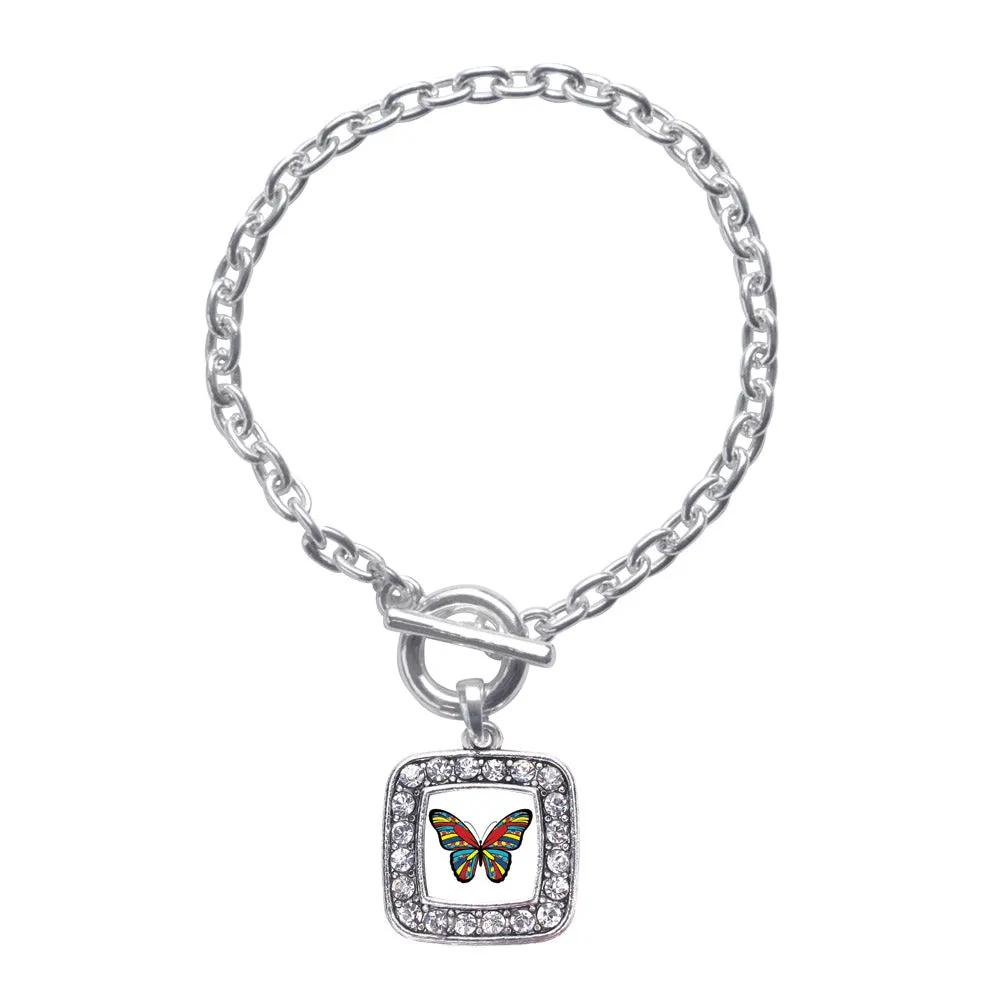 Silver Autism Awareness Butterfly Square Charm Toggle Bracelet