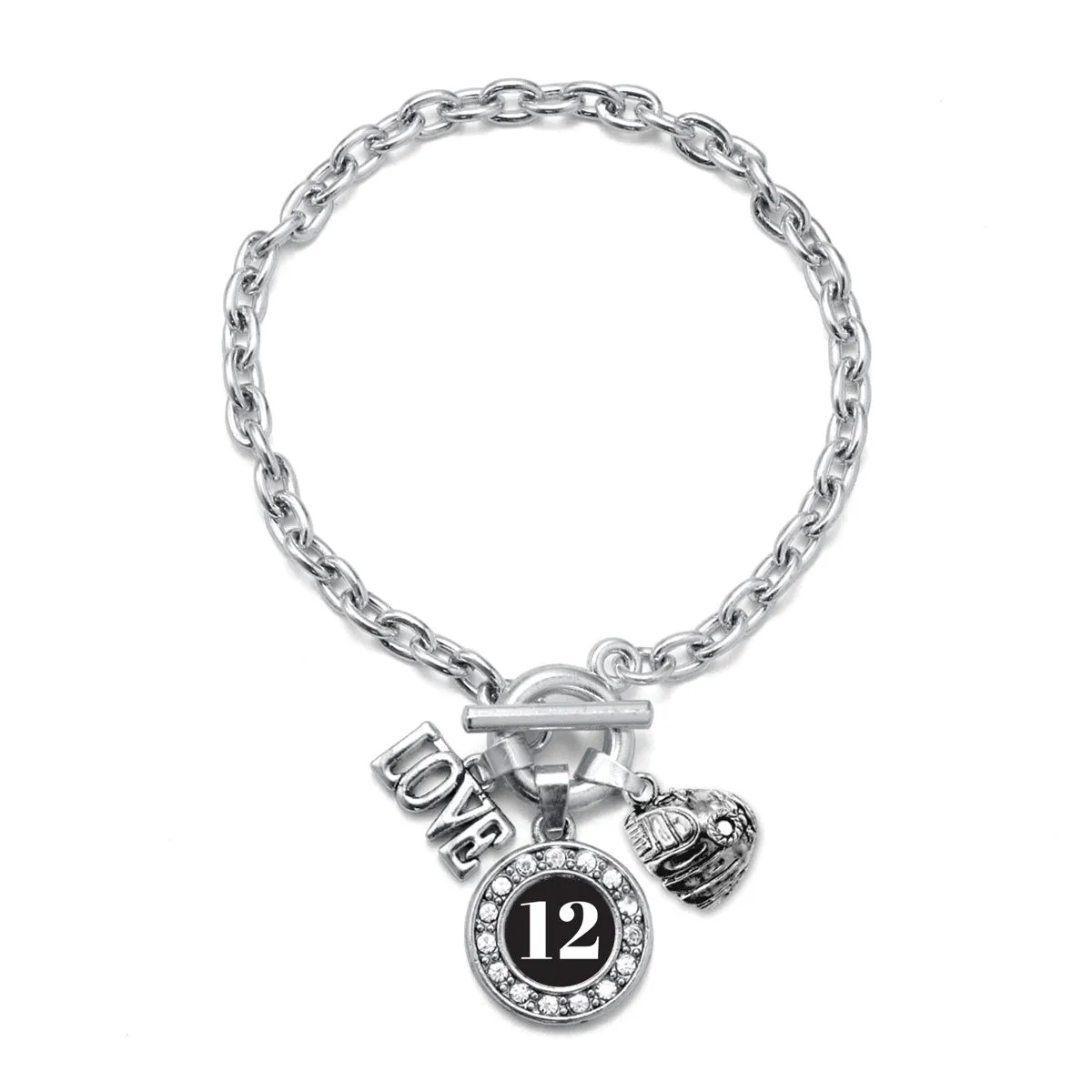 Silver Baseball Glove - Sports Number 12 Circle Charm Toggle Bracelet