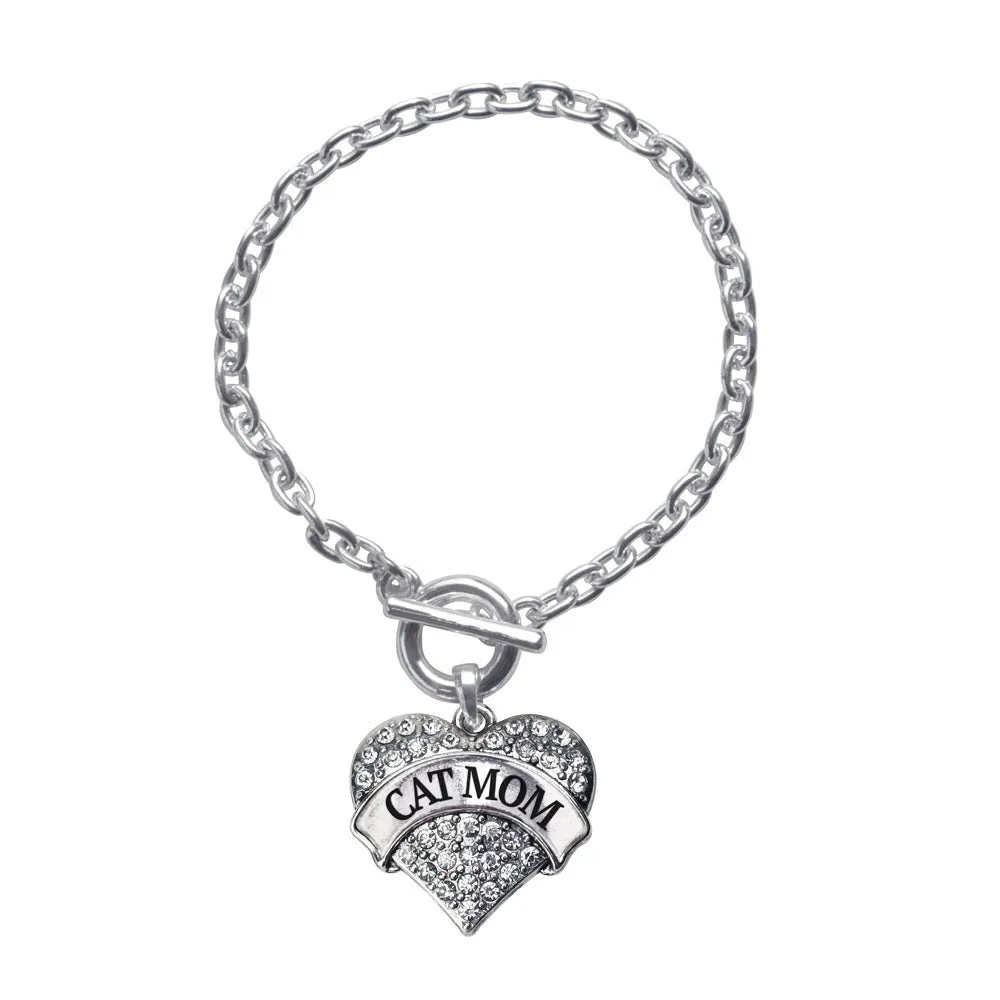 Silver Cat Mom Pave Heart Charm Toggle Bracelet