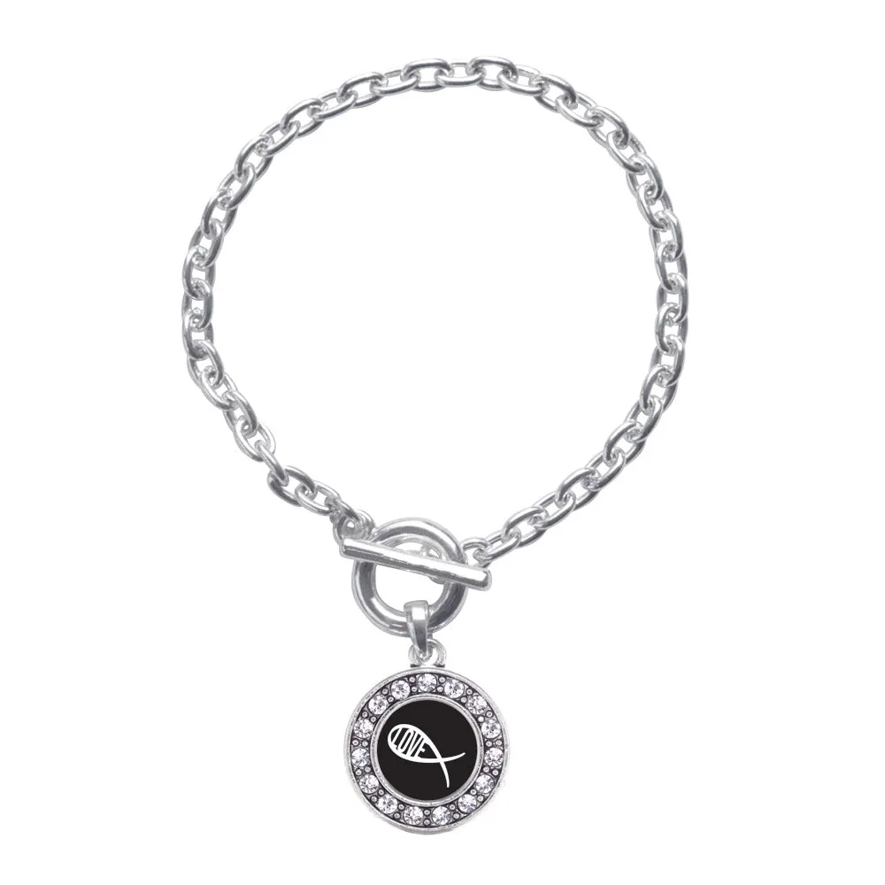 Silver Christian Fish Love Circle Charm Toggle Bracelet