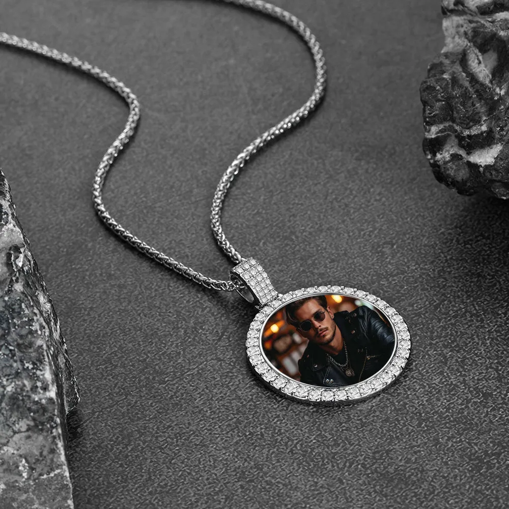 Silver Customized Cubic Zirconia Picture Necklace Memorial Pendant for Men