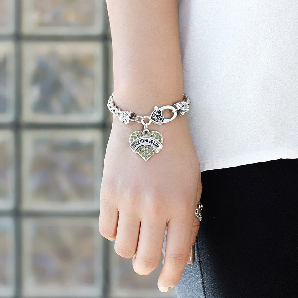 Silver Daughter-In-Law Green Pave Heart Charm Braided Bracelet