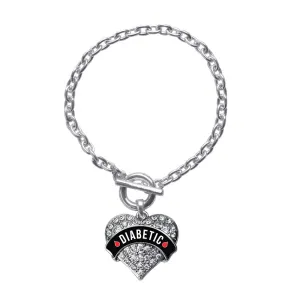 Silver Diabetic Medical Alert Pave Heart Charm Toggle Bracelet